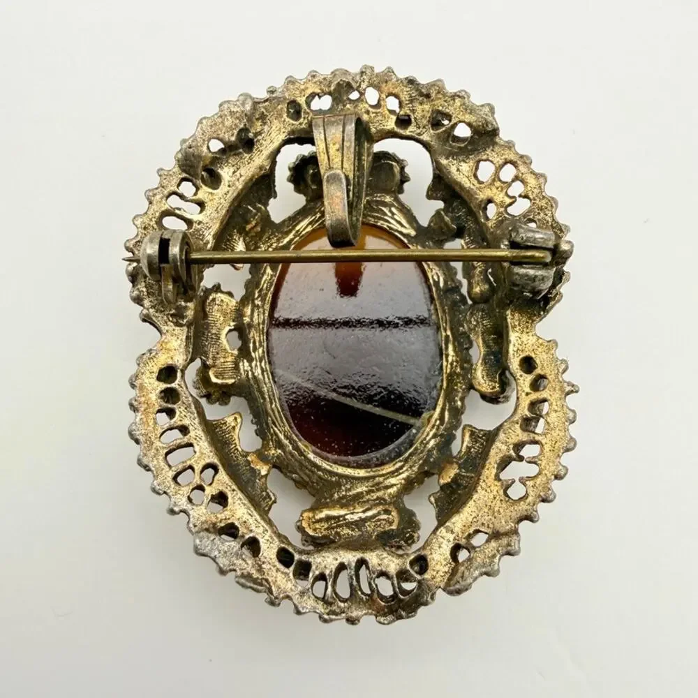 Vtg Mid Century Victorian Revival Oval Faux Tiger Eye Pot Metal Brooch Pendant